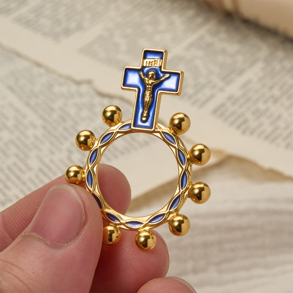 Christianartworkshop Bague chapelet crucifix avec émail bleu et perles (lot de 5/10) : un symbole de rédemption - Doré et bleu - Lot de 10 pièces - image 0