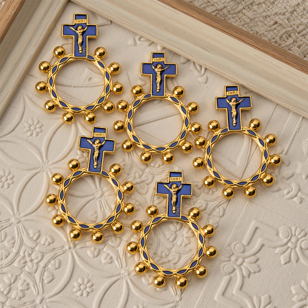 Christianartworkshop Bague chapelet crucifix avec émail bleu et perles (lot de 5/10) : un symbole de rédemption - image 1