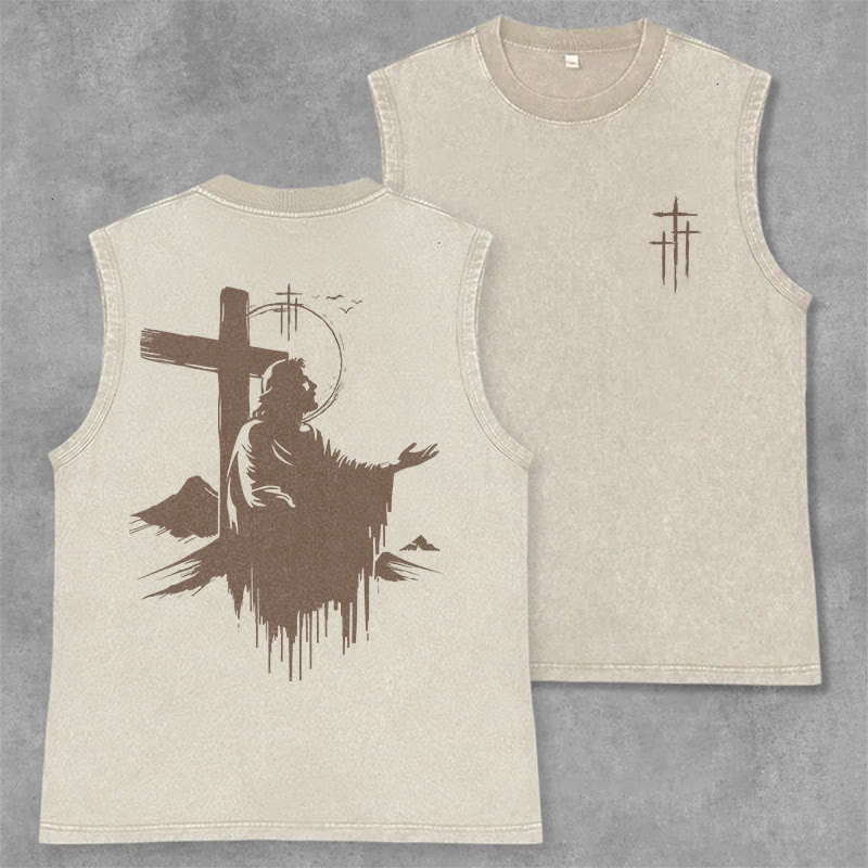 Christianartworkshop Débardeur vintage délavé avec silhouette de Jésus et de la montagne en croix - Beige - 2XL - image 0