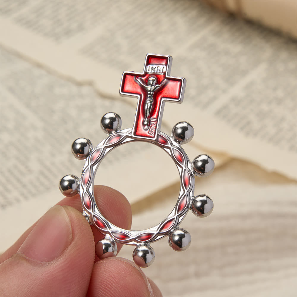 Christianartworkshop Bague chapelet crucifix avec émail rouge et perles (lot de 5/10) : un symbole de rédemption - Argent et rouge - Lot de 10 pièces - image 0