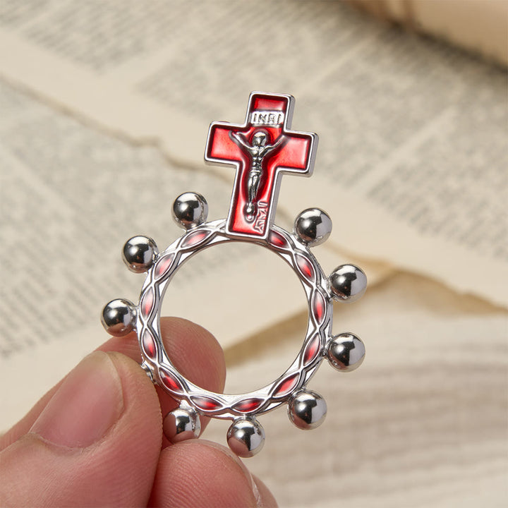Christianartworkshop Bague chapelet crucifix avec émail rouge et perles (lot de 5/10) : un symbole de rédemption - Argent et rouge - Lot de 10 pièces - image 0