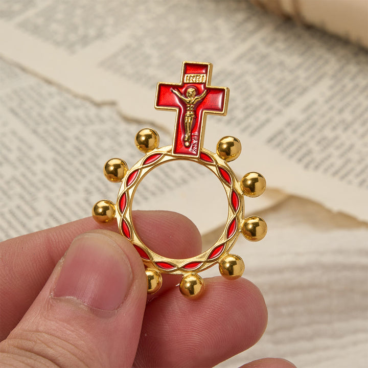 Christianartworkshop Bague chapelet crucifix avec émail rouge et perles (lot de 5/10) : un symbole de rédemption - Doré et rouge - Lot de 10 pièces - image 6