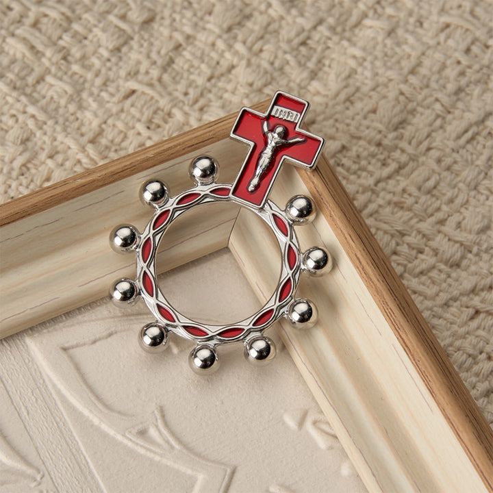 Christianartworkshop Bague chapelet crucifix avec émail rouge et perles (lot de 5/10) : un symbole de rédemption - image 4