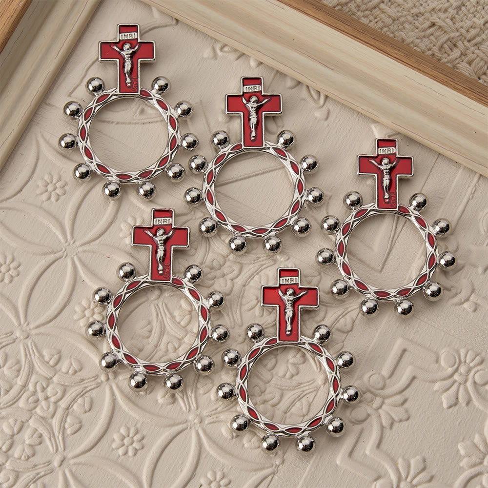 Christianartworkshop Bague chapelet crucifix avec émail rouge et perles (lot de 5/10) : un symbole de rédemption - image 1