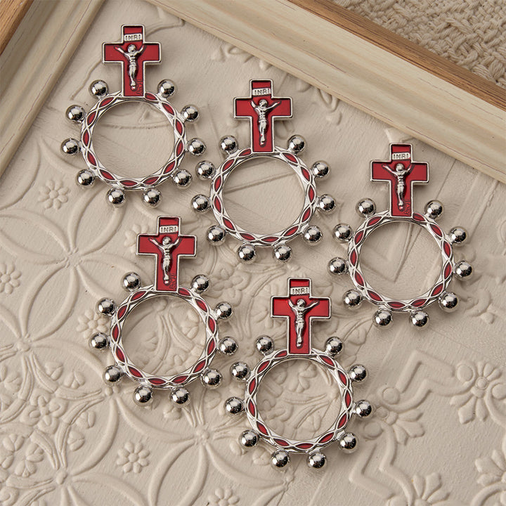 Christianartworkshop Bague chapelet crucifix avec émail rouge et perles (lot de 5/10) : un symbole de rédemption - image 1