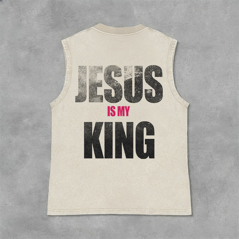Christianartworkshop Débardeur vintage délavé à imprimé dégradé audacieux « Jésus est mon roi » - Beige - 2XL - image 0