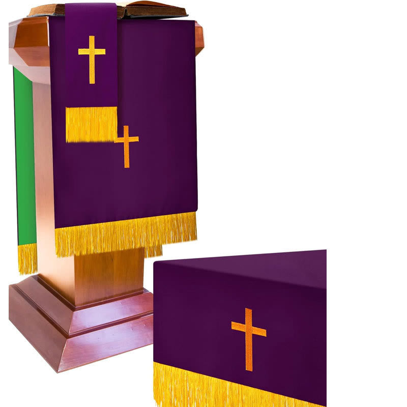 Ensemble complet de parement religieux Christianartworkshop : chemin de table, nappe de lutrin et marque-page biblique rouges et blancs - Vert et violet - image 13