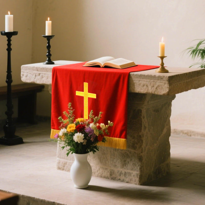 Ensemble complet de parement religieux Christianartworkshop : chemin de table, nappe de lutrin et marque-page biblique rouges et blancs - image 0