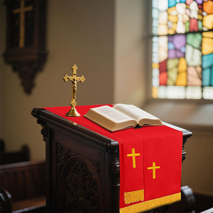 Ensemble complet de parement religieux Christianartworkshop : chemin de table, nappe de lutrin et marque-page biblique rouges et blancs - image 2