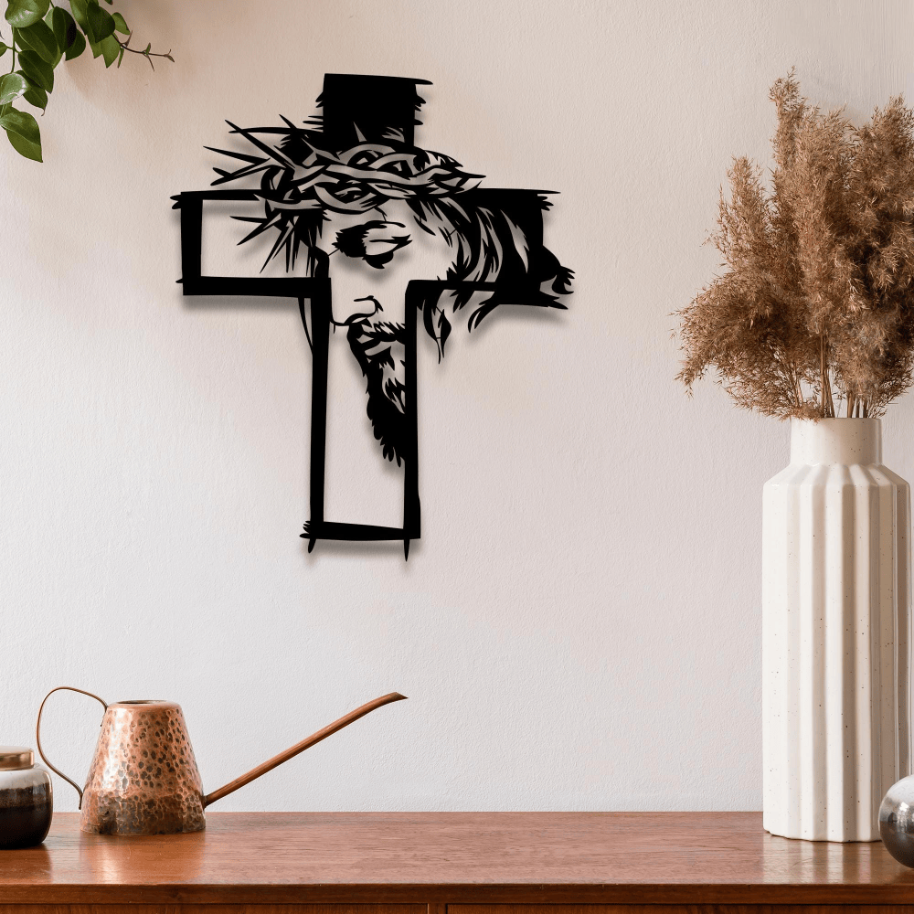 Christianartworkshop Croix avec Jésus et couronne d'épines, décoration murale en métal : un rappel saisissant de la grâce - image 0