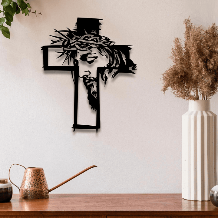 Christianartworkshop Croix avec Jésus et couronne d'épines, décoration murale en métal : un rappel saisissant de la grâce - image 0