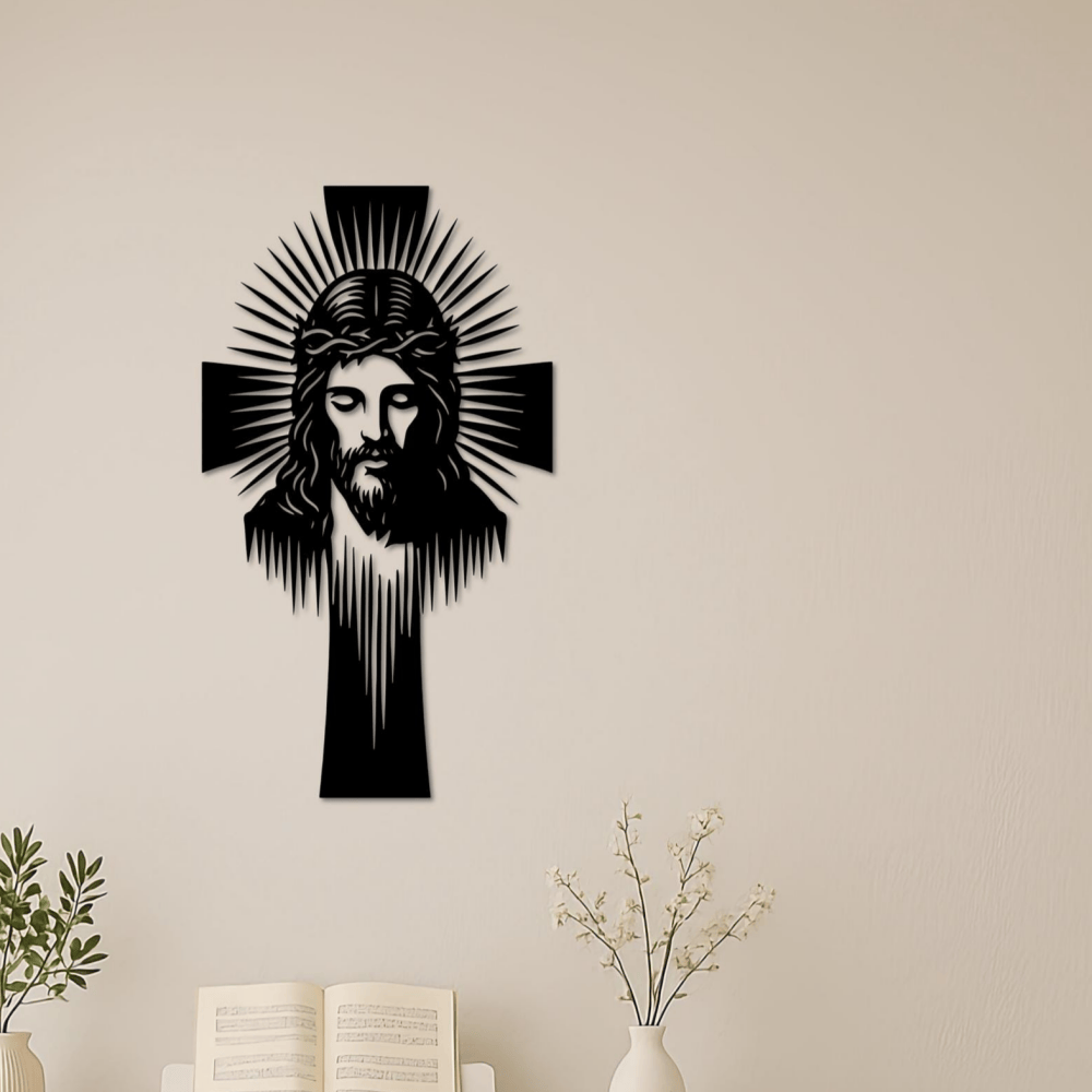 Christianartworkshop Croix de Jésus rayonnante, décoration murale en métal : symbole de lumière et de grâce divines - image 1