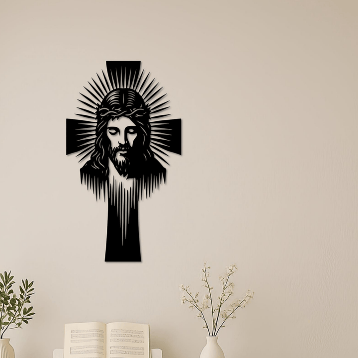 Christianartworkshop Croix de Jésus rayonnante, décoration murale en métal : symbole de lumière et de grâce divines - image 1