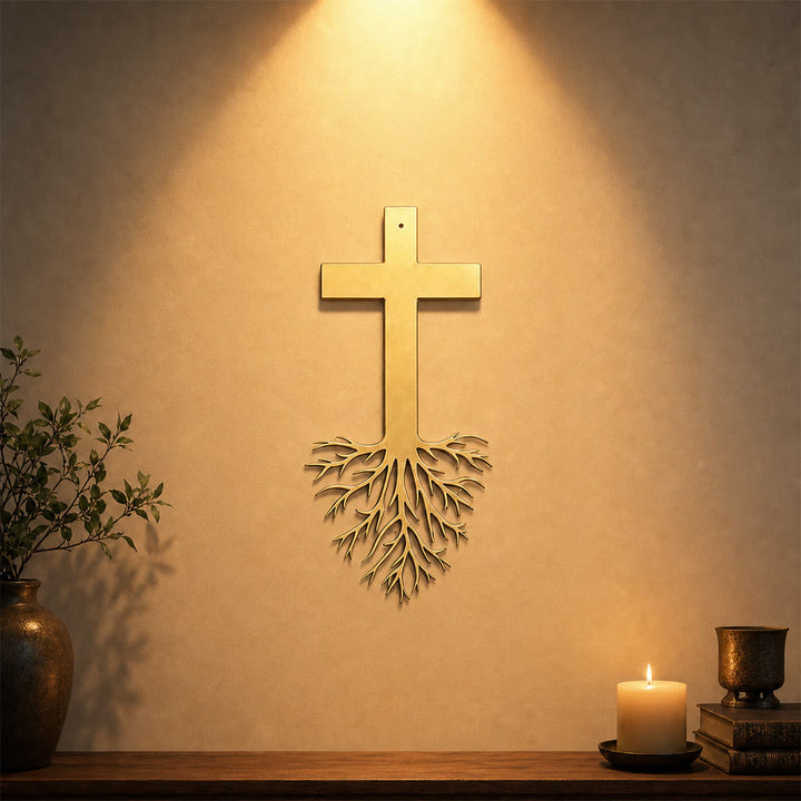 Christianartworkshop Croix moderne avec racines, décoration murale en métal : un puissant symbole de foi grandissante - image 4