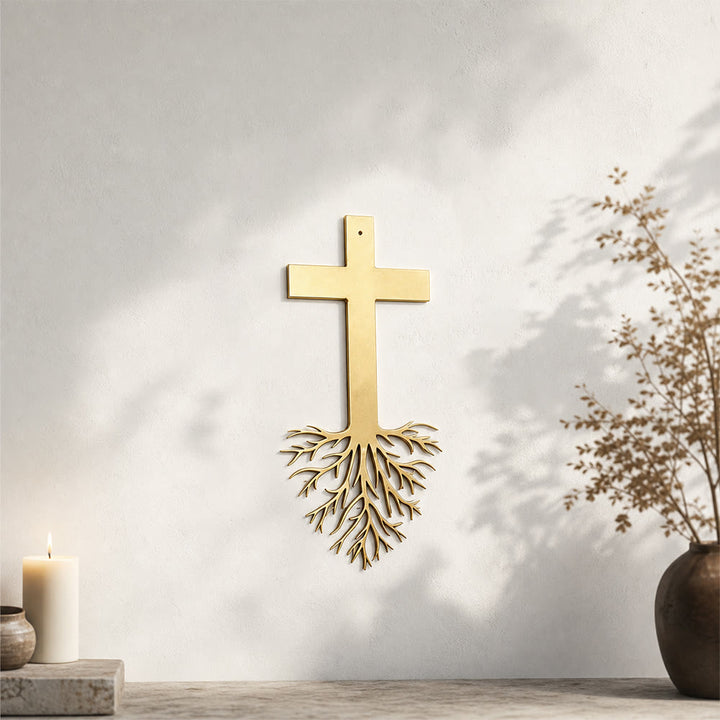 Christianartworkshop Croix moderne avec racines, décoration murale en métal : un puissant symbole de foi grandissante - image 1