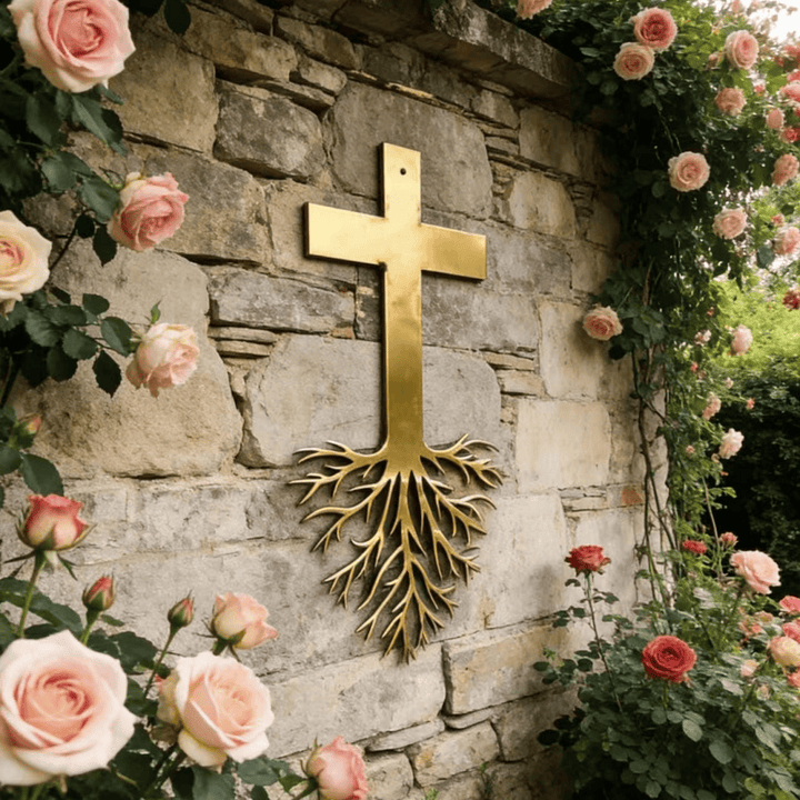 Christianartworkshop Croix moderne avec racines, décoration murale en métal : un puissant symbole de foi grandissante - image 0