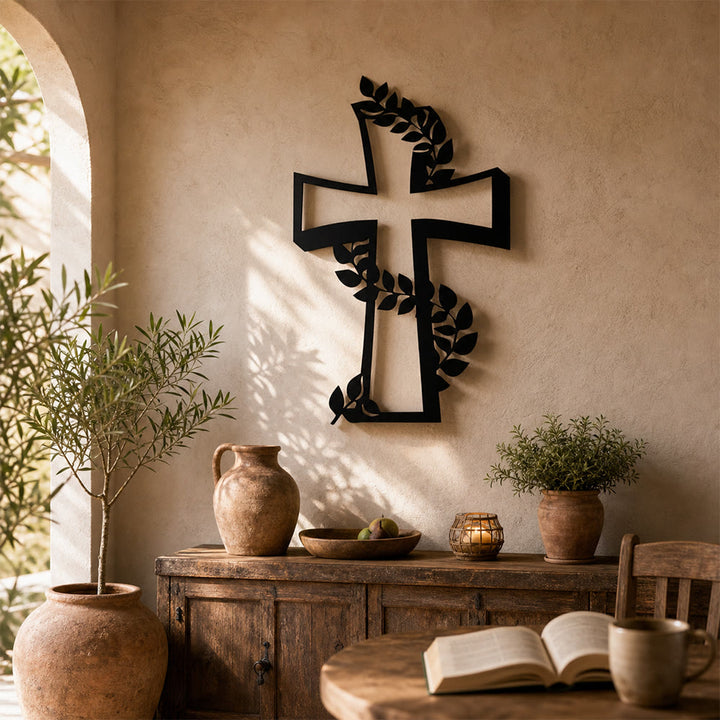 Christianartworkshop Croix moderne ornée de feuillage et de vrilles, décoration murale en métal : un puissant symbole de foi grandissante - image 1