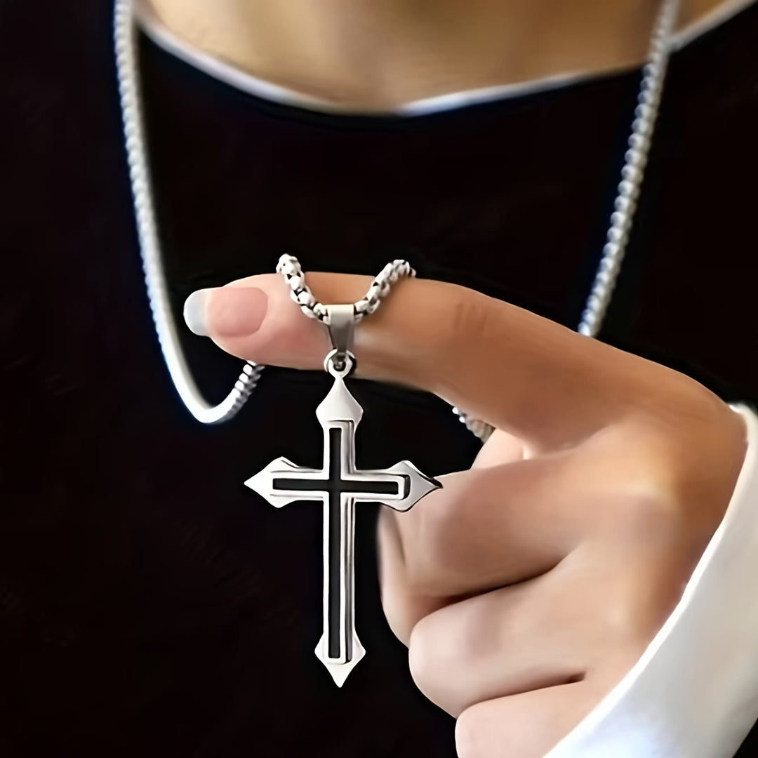 Christianartworkshop Collier pendentif croix en acier inoxydable bicolore avec chaîne maille forçat : symbole d’une foi inébranlable - Croix - image 0