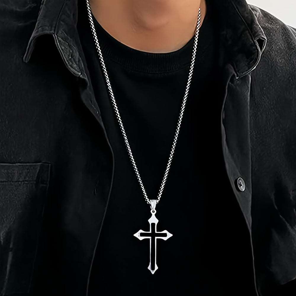 Christianartworkshop Collier pendentif croix en acier inoxydable bicolore avec chaîne maille forçat : symbole d’une foi inébranlable - image 1