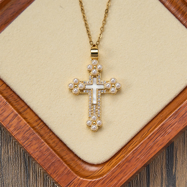Christianartworkshop Collier pendentif croix raffiné orné de nacre, de zircon et de perles - image 2