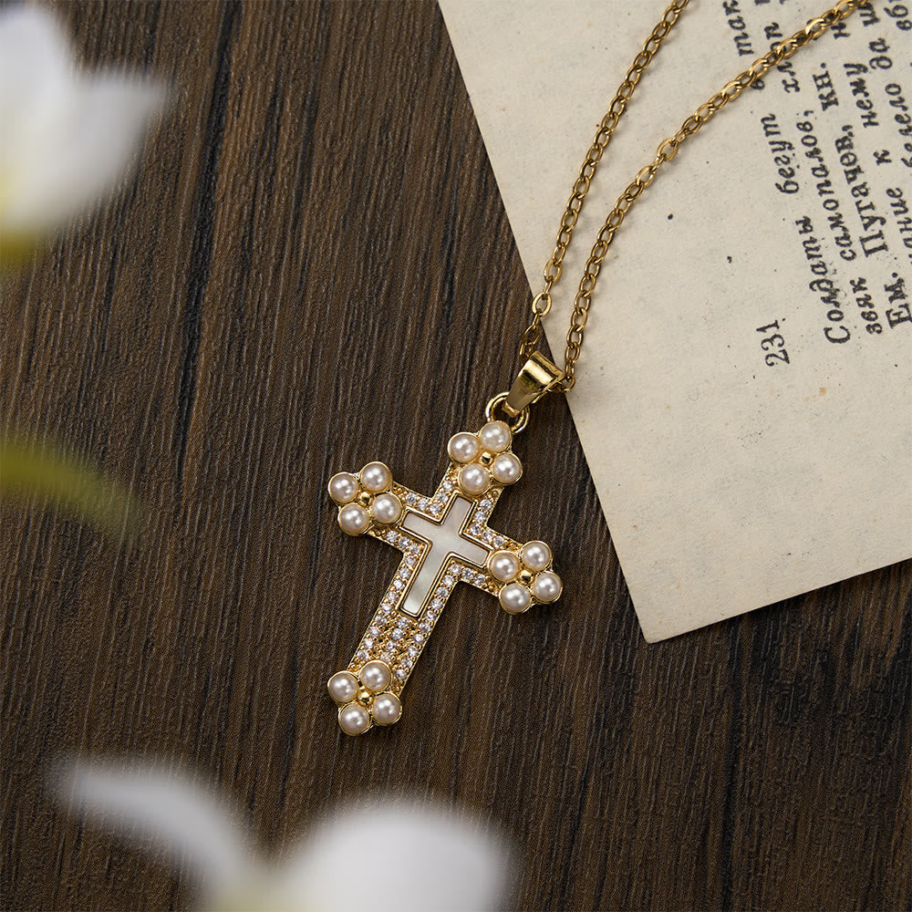 Christianartworkshop Collier pendentif croix raffiné orné de nacre, de zircon et de perles - Croix - image 0