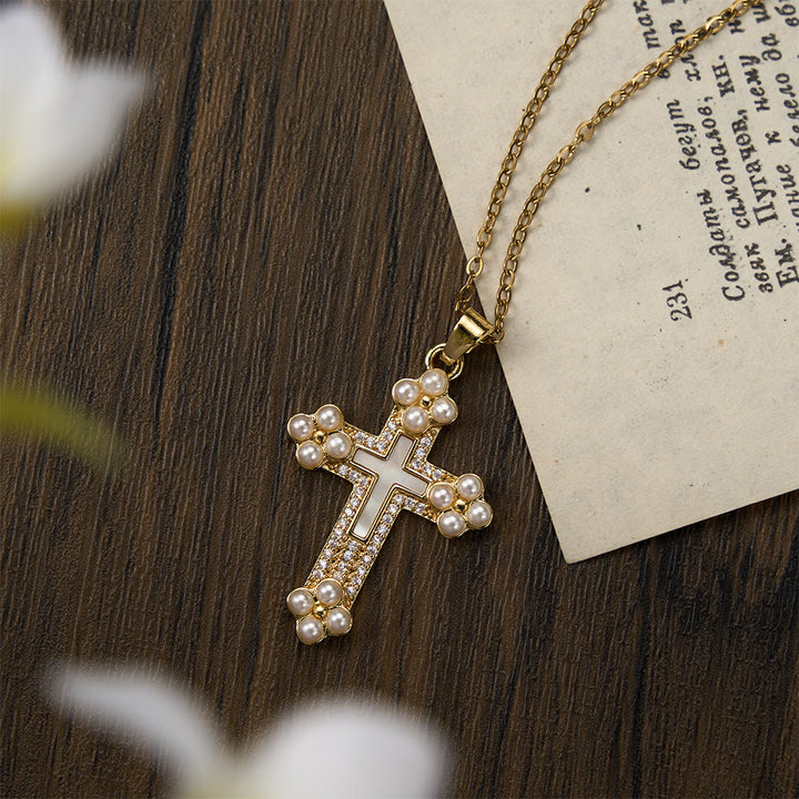 Christianartworkshop Collier pendentif croix raffiné orné de nacre, de zircon et de perles - Croix - image 0