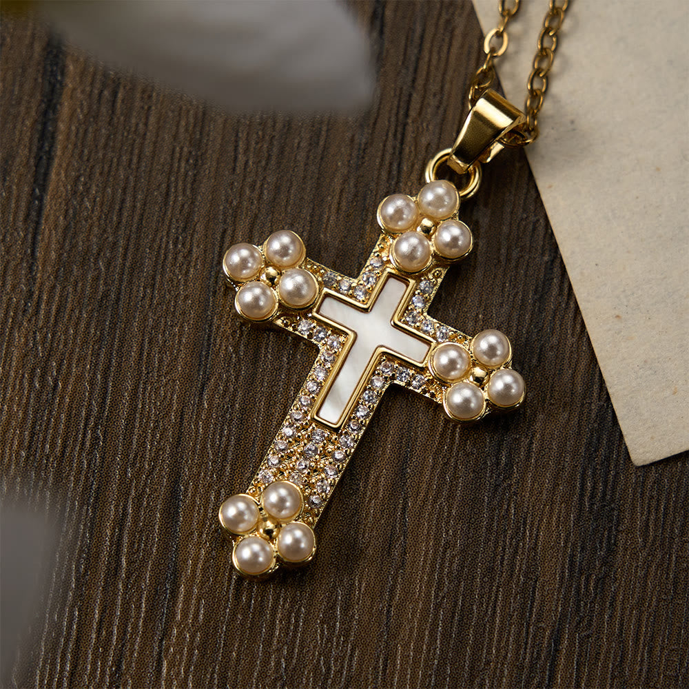 Christianartworkshop Collier pendentif croix raffiné orné de nacre, de zircon et de perles - image 1