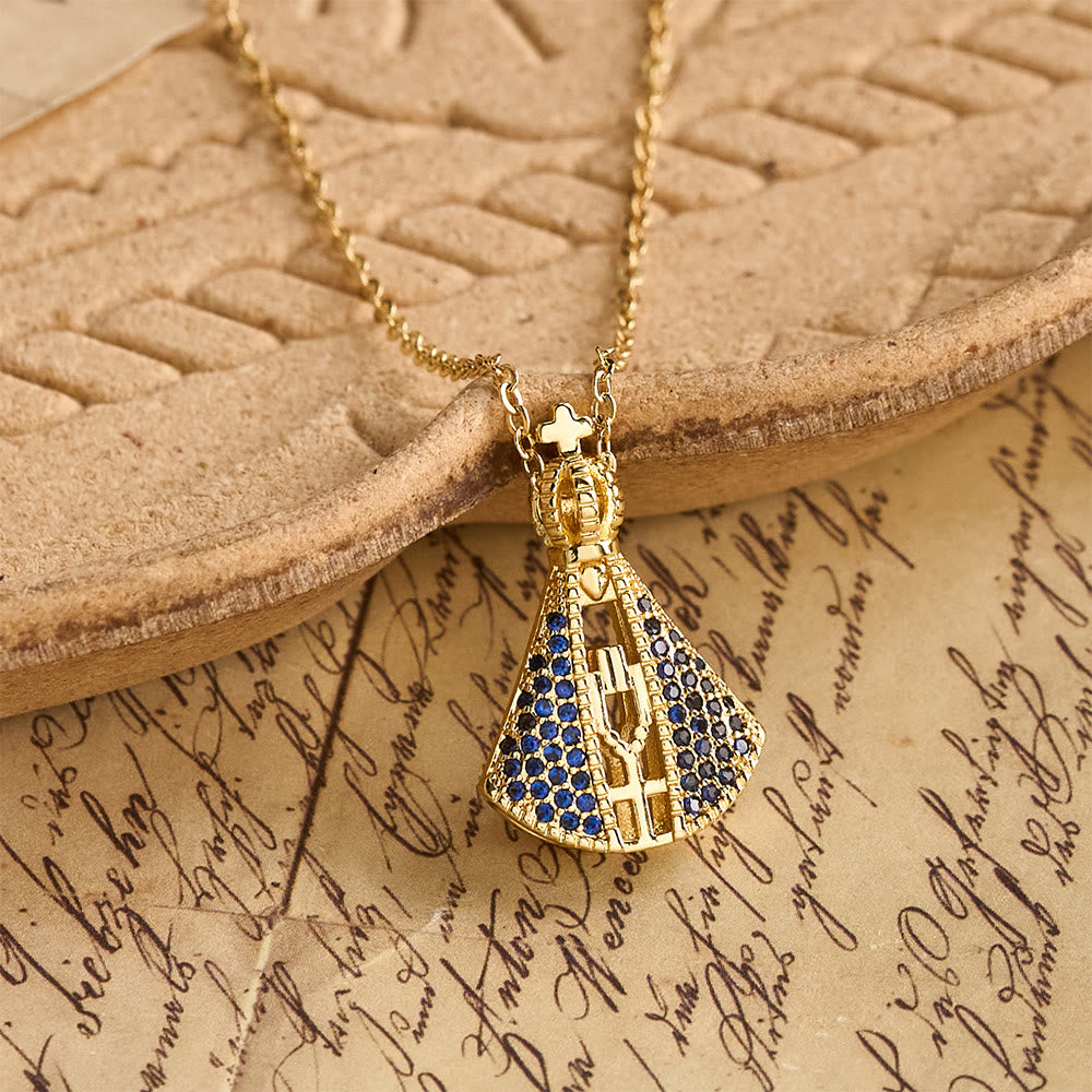 Christianartworkshop Collier pendentif double face bleu et blanc Notre-Dame d'Aparecida avec détails de couronne et de croix - Notre-Dame d'Aparecida - image 0
