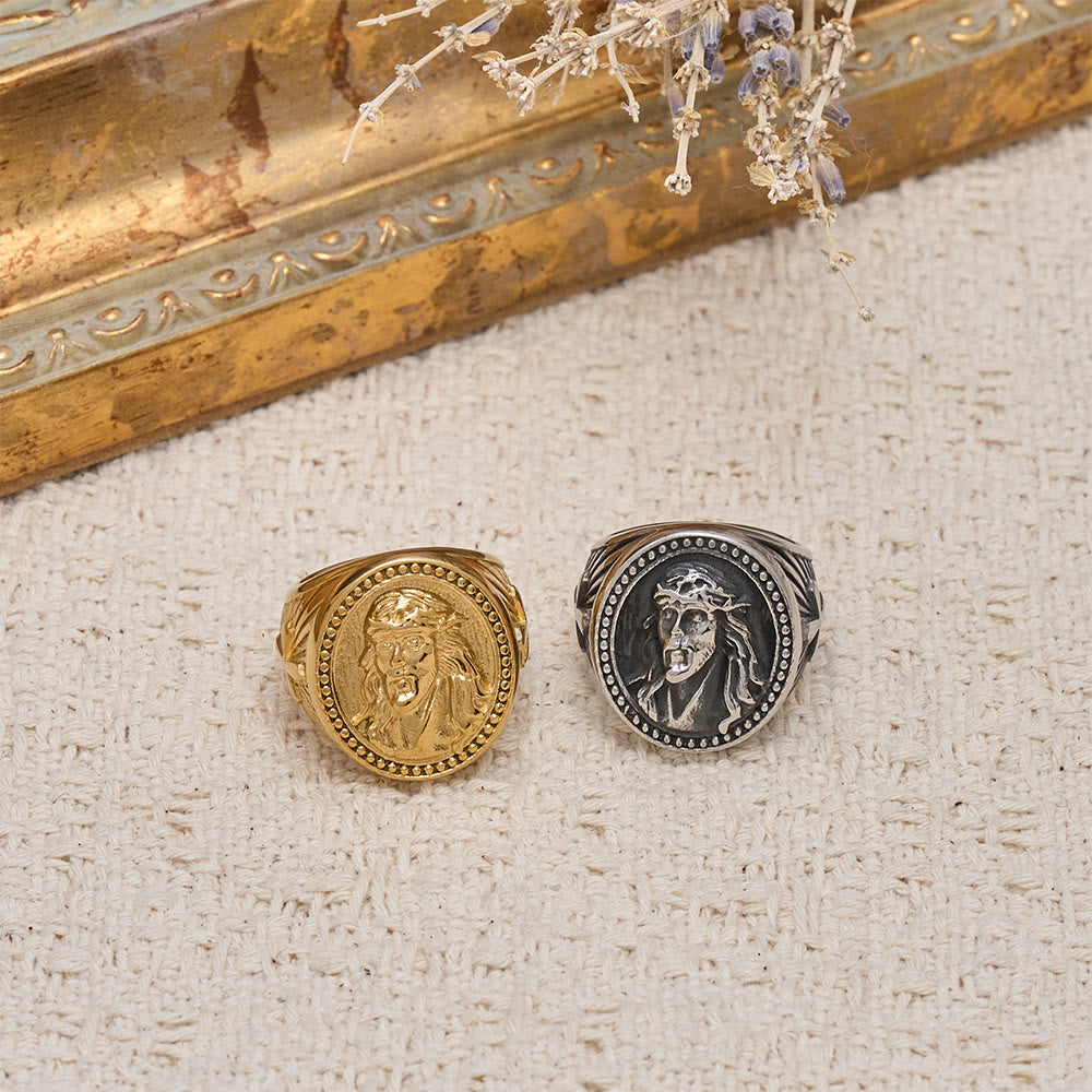 Christianartworkshop Bague bicolore à l'effigie de Jésus, ornée d'une bordure perlée et d'une croix : un rappel du sacrifice divin - image 0
