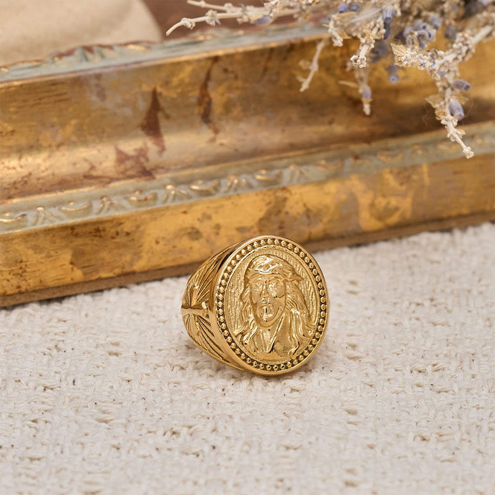 Christianartworkshop Bague bicolore à l'effigie de Jésus, ornée d'une bordure perlée et d'une croix : un rappel du sacrifice divin - image 1