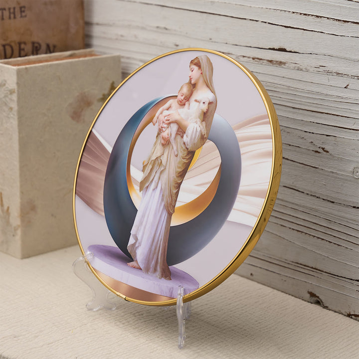 Christianartworkshop Ornement de bureau vibrant représentant la Vierge à l'Enfant avec un agneau, orné d'une bordure dorée et d'une auréole abstraite : un symbole quotidien de réconfort et de pureté. - image 1