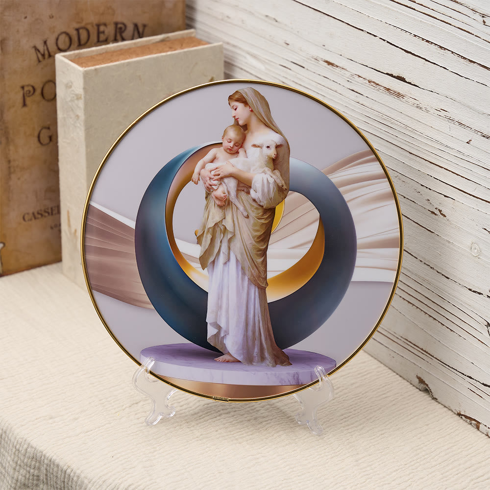 Christianartworkshop Ornement de bureau vibrant représentant la Vierge à l'Enfant avec un agneau, orné d'une bordure dorée et d'une auréole abstraite : un symbole quotidien de réconfort et de pureté. - Vierge à l'Enfant et Agneau - image 0