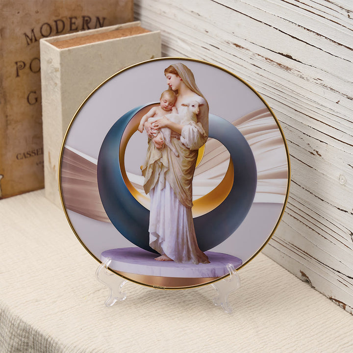 Christianartworkshop Ornement de bureau vibrant représentant la Vierge à l'Enfant avec un agneau, orné d'une bordure dorée et d'une auréole abstraite : un symbole quotidien de réconfort et de pureté. - Vierge à l'Enfant et Agneau - image 0