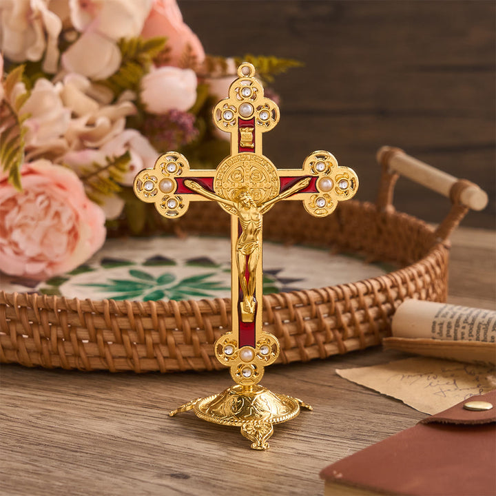 Christianartworkshop Crucifix de Saint Benoît orné, finition dorée et perles : symbole de protection divine - Rouge - image 3