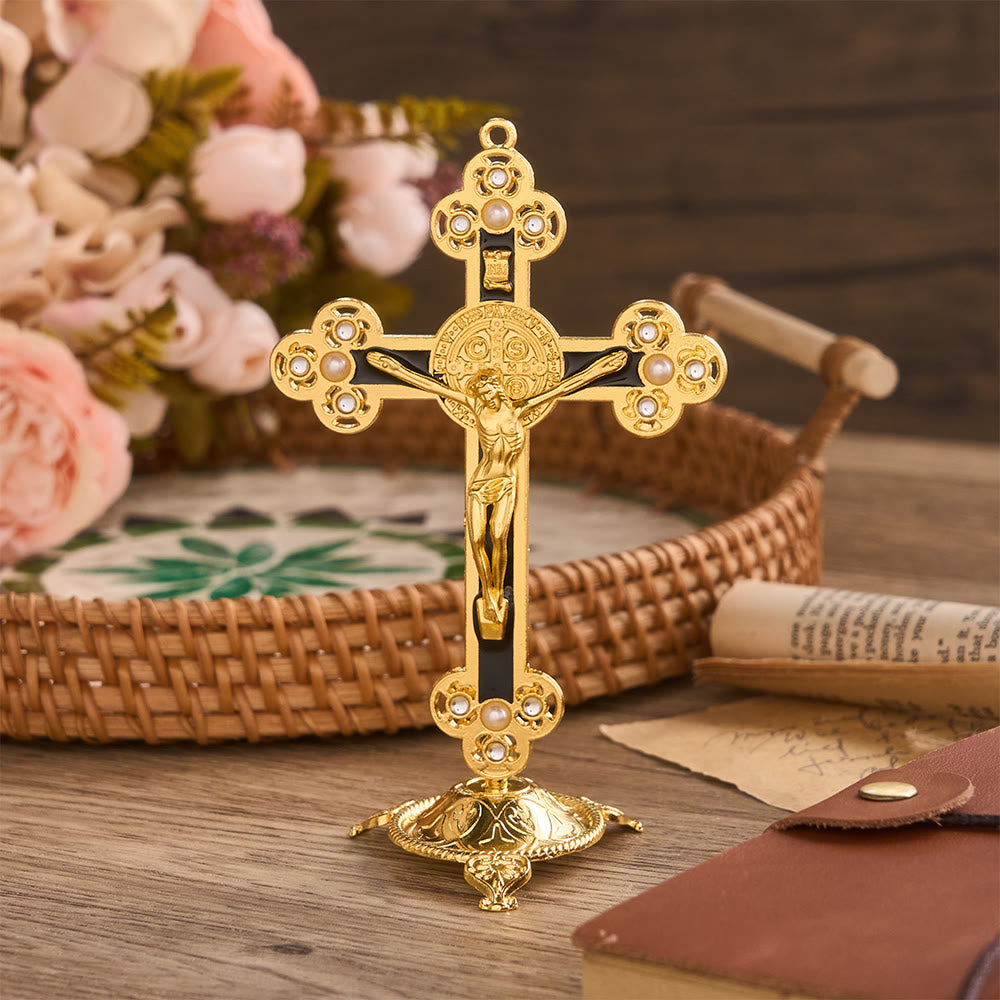 Christianartworkshop Crucifix de Saint Benoît orné, finition dorée et perles : symbole de protection divine - Noir - image 5