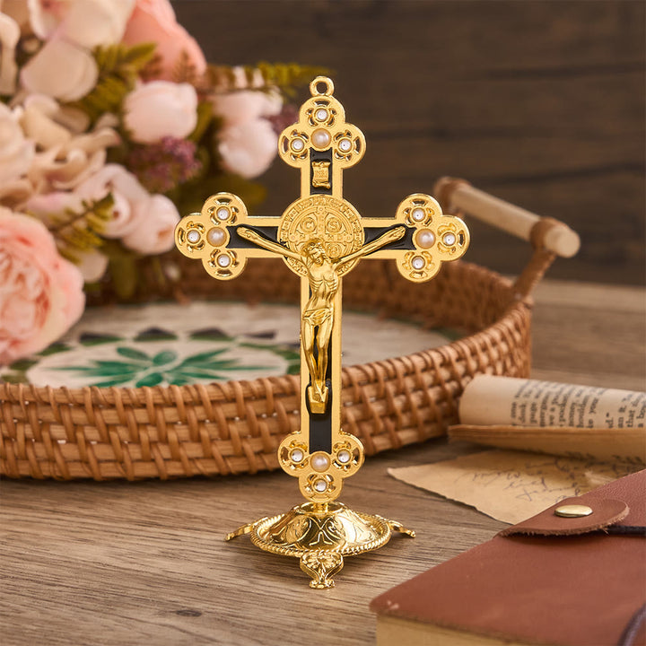 Christianartworkshop Crucifix de Saint Benoît orné, finition dorée et perles : symbole de protection divine - Noir - image 5