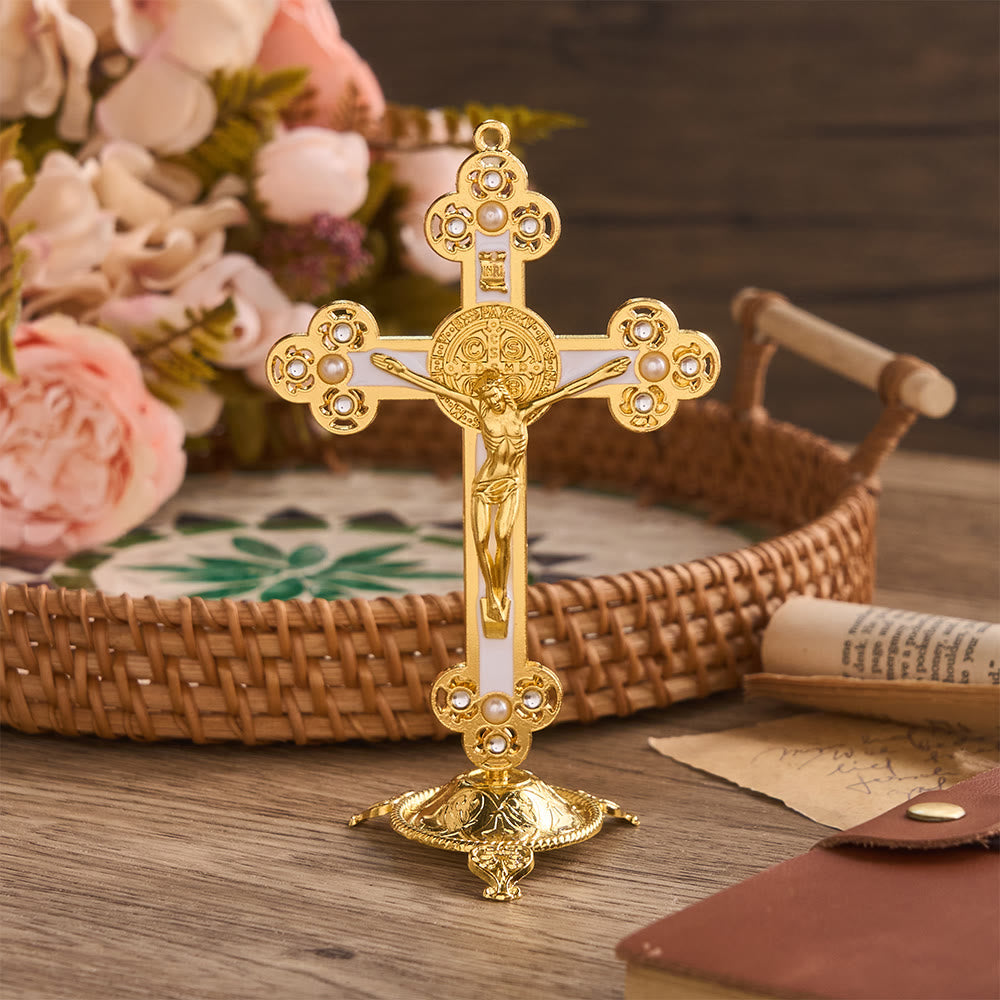 Christianartworkshop Crucifix de Saint Benoît orné, finition dorée et perles : symbole de protection divine - Blanc - image 4