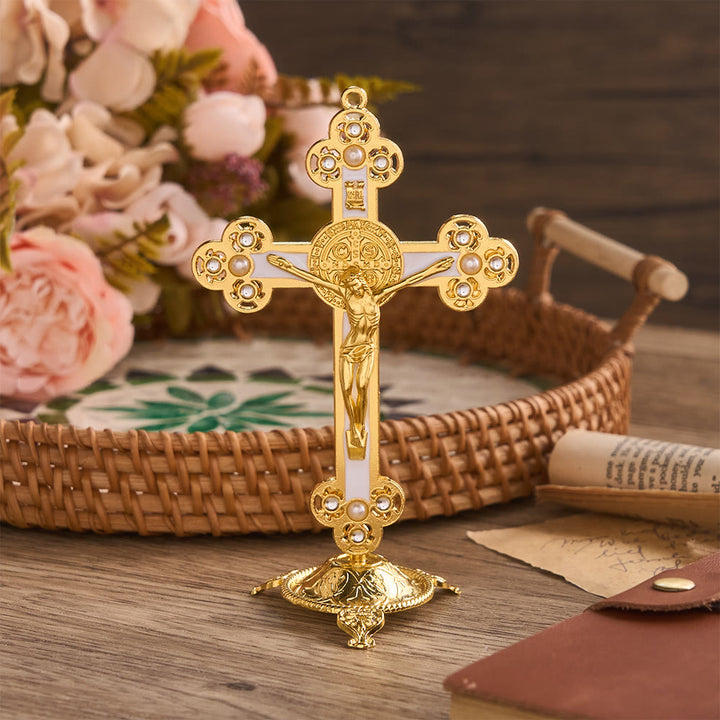 Christianartworkshop Crucifix de Saint Benoît orné, finition dorée et perles : symbole de protection divine - Blanc - image 4