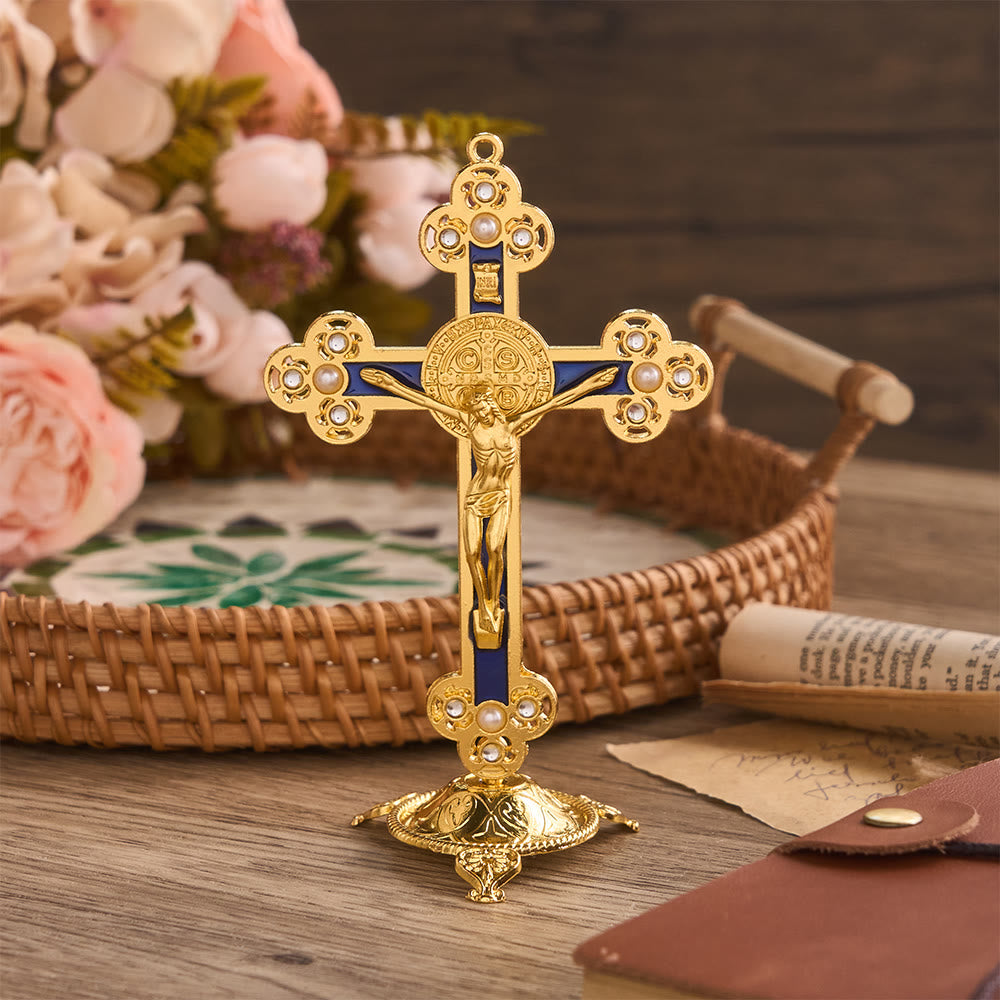 Christianartworkshop Crucifix de Saint Benoît orné, finition dorée et perles : symbole de protection divine - Bleu - image 6