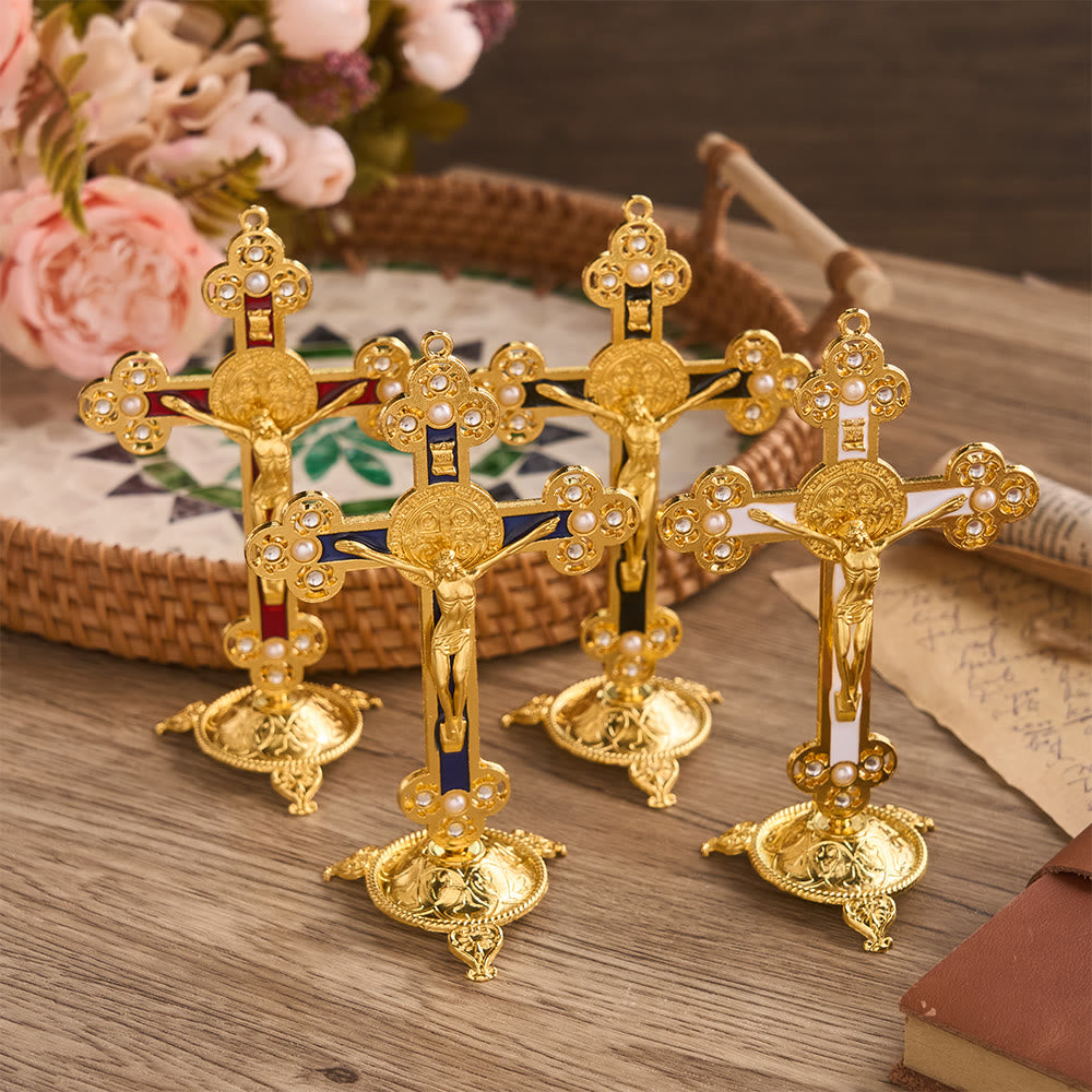 Christianartworkshop Crucifix de Saint Benoît orné, finition dorée et perles : symbole de protection divine - image 0