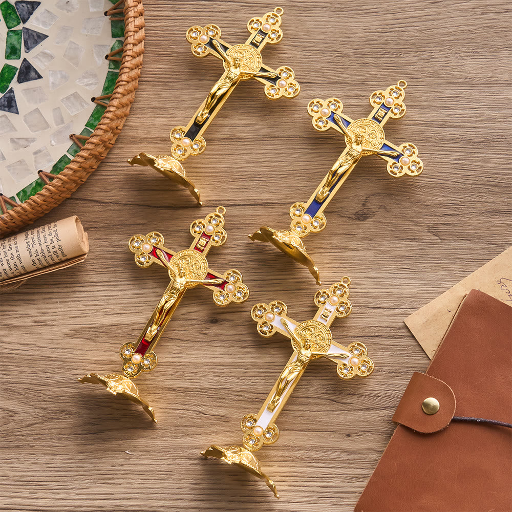 Christianartworkshop Crucifix de Saint Benoît orné, finition dorée et perles : symbole de protection divine - image 1