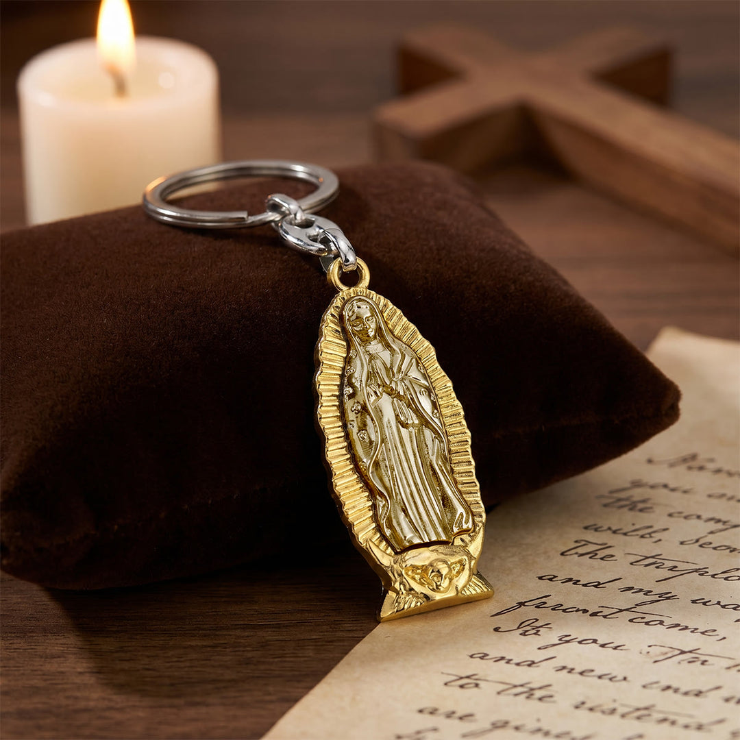 Christianartworkshop Porte-clés bicolore Notre-Dame de Guadalupe avec bordure rayonnante : un rappel de la protection divine - Doré - image 0