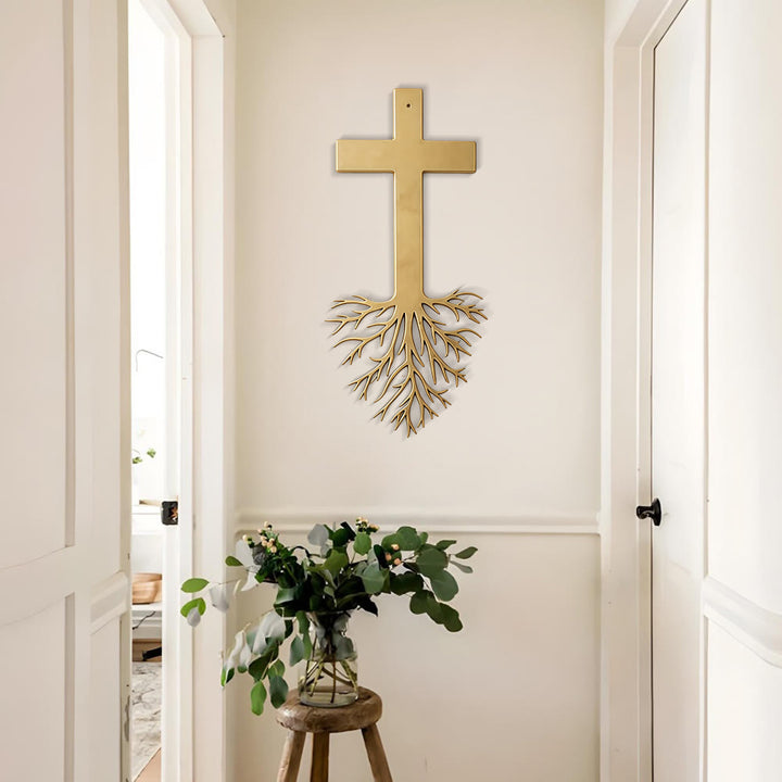 Christianartworkshop Croix moderne avec racines, décoration murale en métal : un puissant symbole de foi grandissante - image 3
