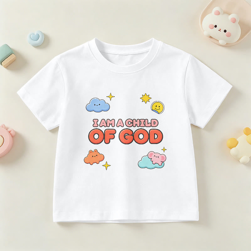 Christianartworkshop T-shirt enfant « Je suis un enfant de Dieu » avec un nuage souriant et un soleil fantaisistes - Blanc - US/UK/AU 14, EU170 - image 0