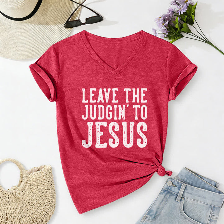 T-shirt à col en V imprimé « Laissez le jugement à Jésus » de Christianartworkshop - Rouge - 2XL - image 20