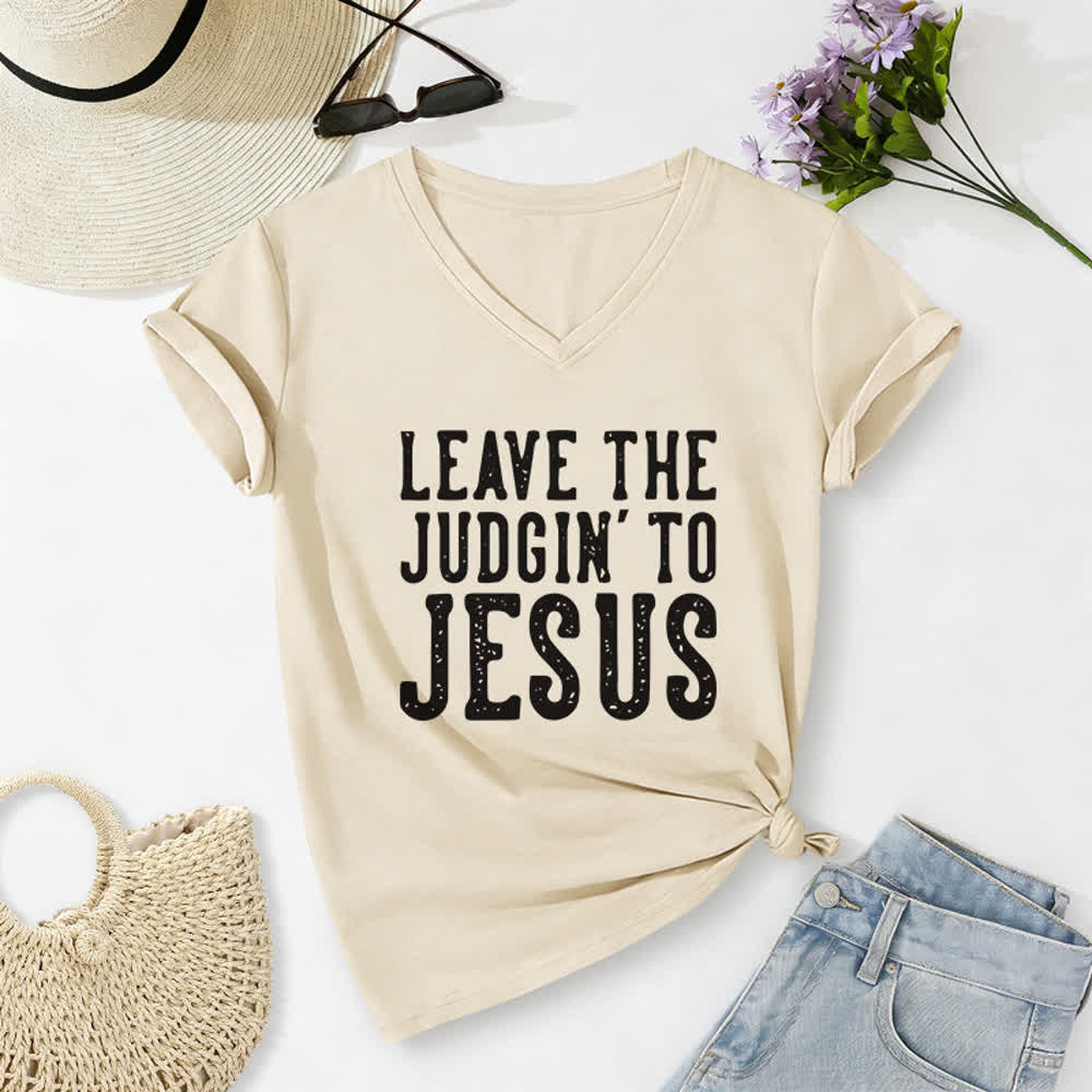 T-shirt à col en V imprimé « Laissez le jugement à Jésus » de Christianartworkshop - Beige - 2XL - image 8
