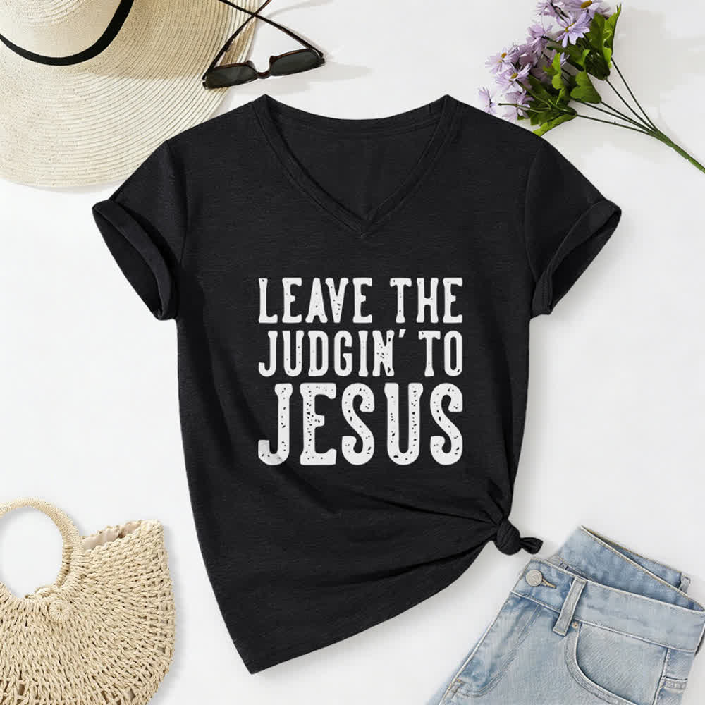 T-shirt à col en V imprimé « Laissez le jugement à Jésus » de Christianartworkshop - Noir - 2XL - image 2