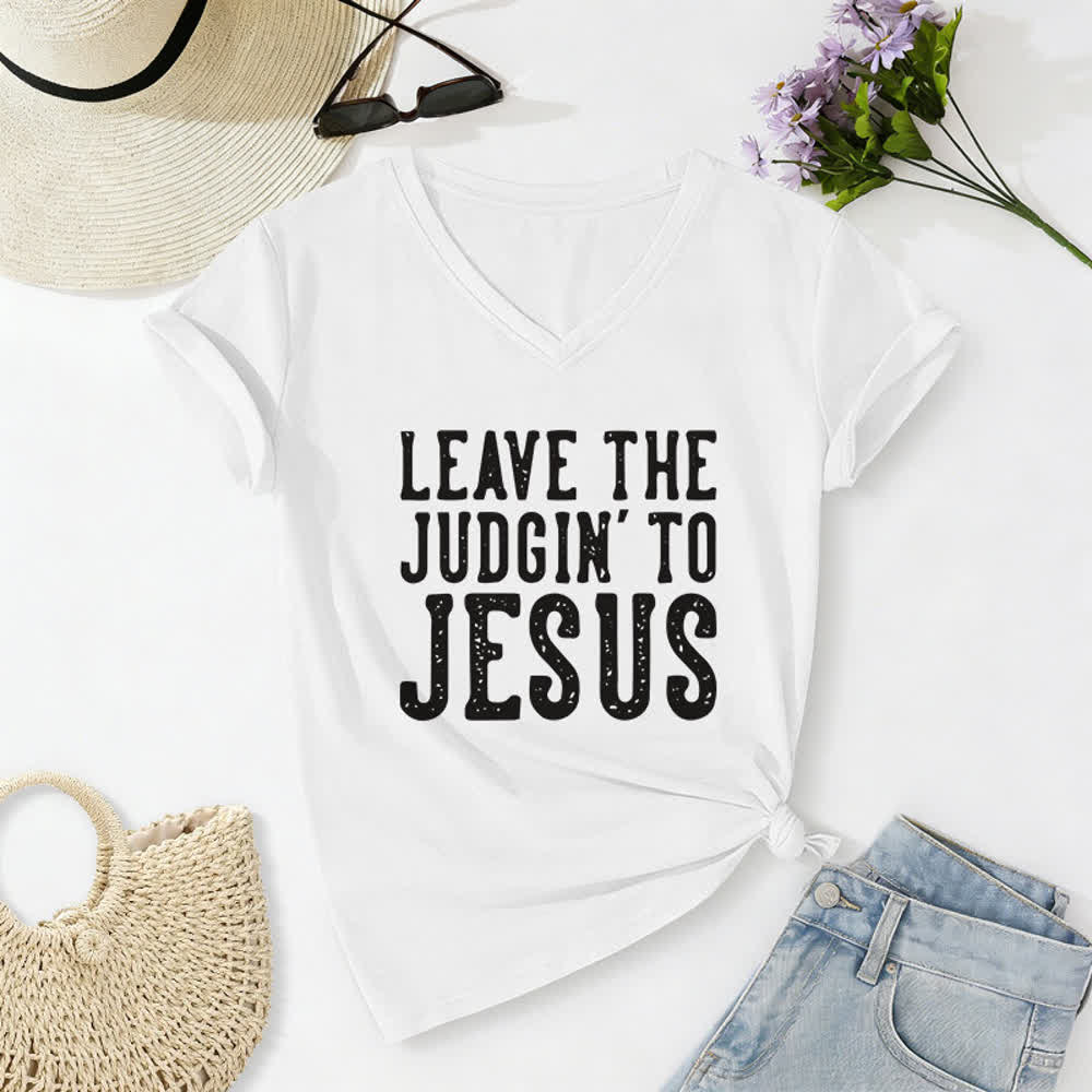 T-shirt à col en V imprimé « Laissez le jugement à Jésus » de Christianartworkshop - Blanc - 2XL - image 4