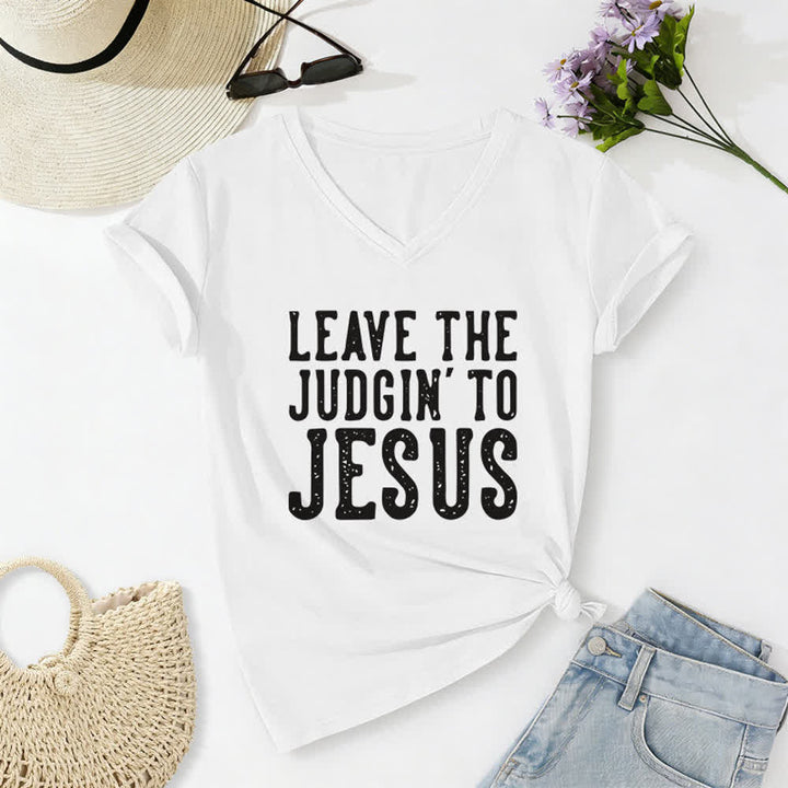 T-shirt à col en V imprimé « Laissez le jugement à Jésus » de Christianartworkshop - Blanc - 2XL - image 4