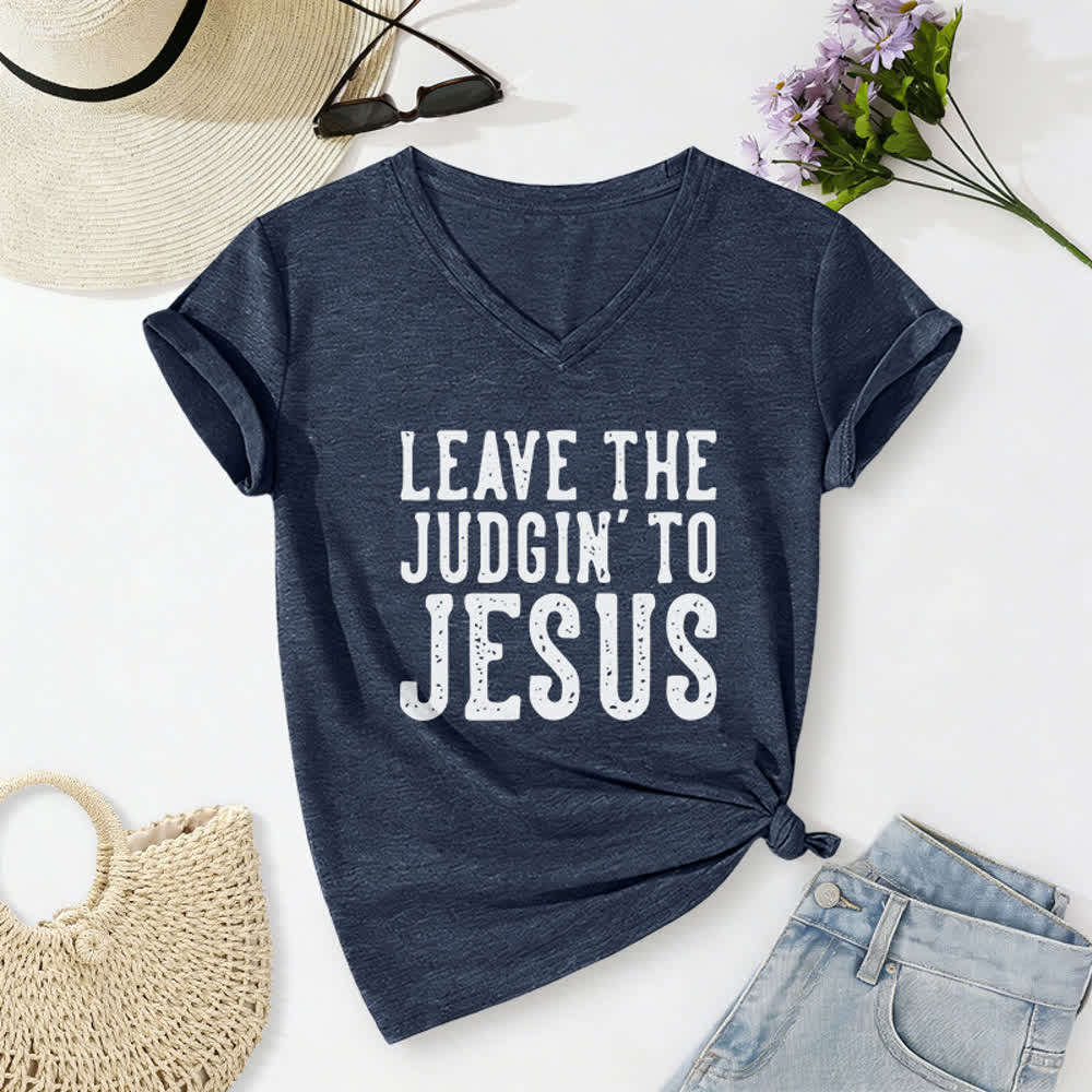 T-shirt à col en V imprimé « Laissez le jugement à Jésus » de Christianartworkshop - Bleu marine - 2XL - image 16